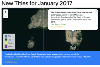 A satellite-map view of the Temple of Philae in Egypt with a marker showing the geographic location associated with a book in the ISAW Library