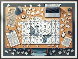 Jigsaw puzzle with puzzle pieces on a desk with various research tools