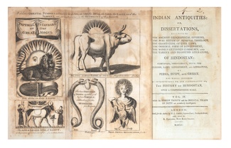The title page and frontispiece of Thomas Maurice's Indian Antiquities, vol. 4. The illustrations include a lion seated before the sun, a bull with a sun motif, an Egyptian sacred bull, a pair of snakes, and an eagle before a human figure. 