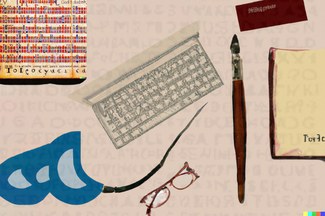 Laptop, mouse, brush, book, glasses, and computer-generated manuscript in AI-generated image