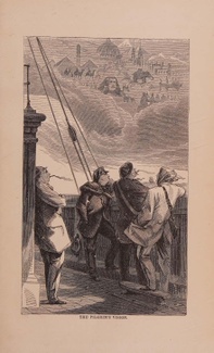 Engraving showing a group of sailors and travelers looking out from the side of a steamship. In the clouds above them, they see shadowy images of scenes from the Mediterranean and the Levant, including a sphinx, an elephant, a cathedral dome, and pyramids