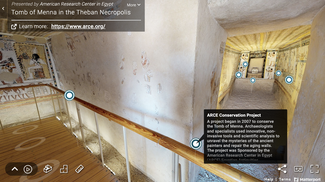 This screenshot of the "virtual tours" page on the American Research Center in Egypt website shows a hallway intersection in the tomb of Menna.