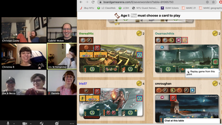 A screenshot of a split screen, with a Zoom Meeting of members of the ISAW Community on the left side and cards and boards from the virtual board game "7 Wonders" on the right. 