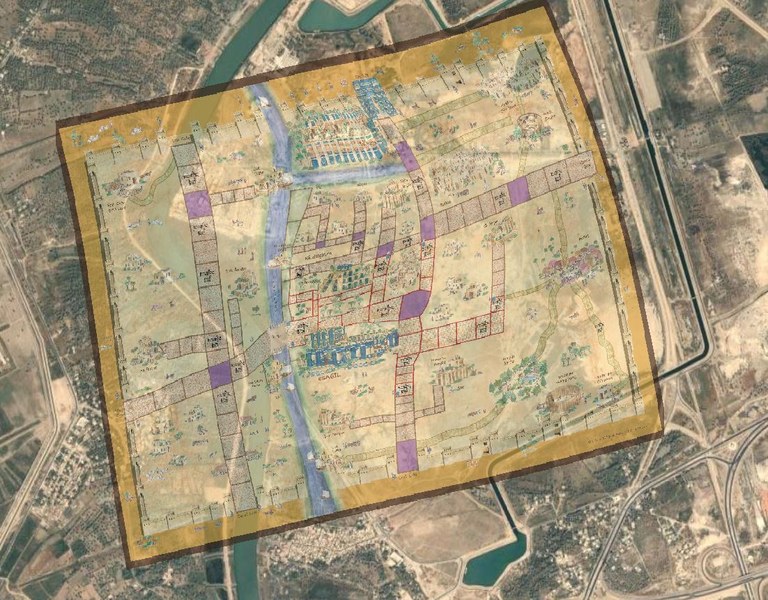 Image showing the game board for the game Esagil overlaid over Google Satellite imagery of the Babylon site, with the board rendered semi-transparent