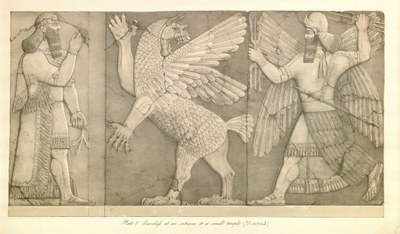 "Basreliefs at an entrance to a small temple (Nimroud)."