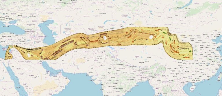 Distorted game board for the game "Silk Road" displayed over OpenStreetMap basemap of China, Central Asia, and the Middle East