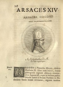 Orodes I of Parthia in profile from a coin, on a page from  Jean Foy-Vaillant’s Arsacidarum Imperium