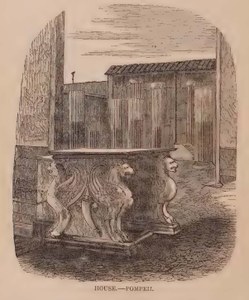 Illustration showing a table supported by winged animals, with the walls of ruined buildings in the background.