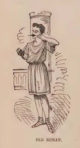 Illustration showing a young Mark Twain as an "old Roman" wearing a toga and holding binoculars.