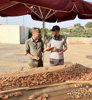 Two men stand in a large sunny area under a large umbrella, evidenly conversing. In front of them, a large table is covered with fragments of pottery, some of it separated into groups on one side or other of a thin wooden divider.