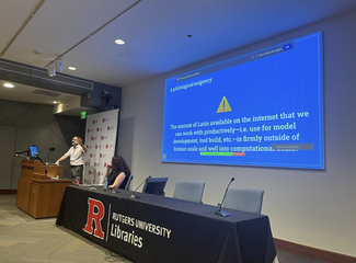 A presenter gestures toward a projected slide about the limited availability of Latin for use in model development, with a Rutgers University Libraries banner visible.