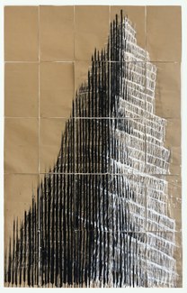 A black, white, and gray drawing of a triangular structure in crayon and acrylic on brown paper