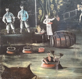 A 19th century painting depicting figures using and washing the wine vessels