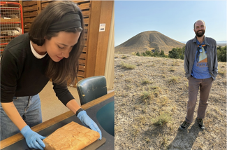 Left: Person with long brown hair (Samantha Rainford) wearing blue gloves carefully handles an artifact at a table with blue gloves on. Right: Person (Braden Cordivari) stands smiling in front of a large earthen mound at Gordion, in the Phrygian highlands