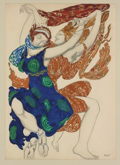 A print depicting two dancers in costume designs inspired by Narcisse, the foreground figure in a flowing blue and green robe and the background figure in terracotta and red