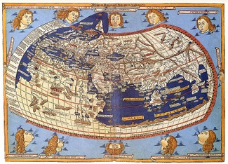 A manuscript map of the world that depicts and labels countries, seas, trade routes, and other major features, with 12 heads, personifying the winds, arrayed around it.