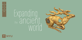 a golden stag on a green background next to ‘Expanding the Ancient World,’ the ISAW and NYU logos
