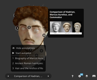 Screen capture of three-dimensional model of Roman portrait bust showing digital colorization and annotations