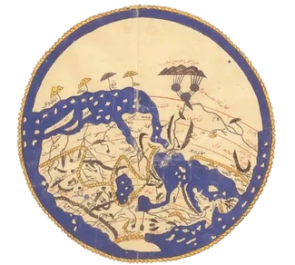 A gold and blue circular world map associated with the work of Muhammad al-Idrisi (d. 560/1165). It includes symbols of umbrellas and winding tunnels.  