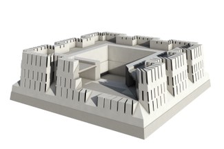 A three-dimensional computer model of an ancient square-plan fortress with a courtyard in the middle and a cutaway on one side showing the perimeter double-wall covered by a walkway above. 