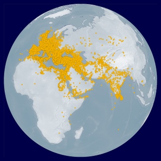 A global map of Afroeurasia, showing coverage of pleiades dataset using yellow dots.