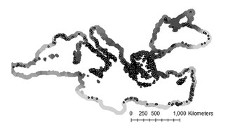 Archaeological sites for 750 BC from the Pleiades gazetteer. Image copyright 2020 by the President and Fellows of Harvard College and the Massachusetts Institute of Technology. Published under a Creative Commons Attribution 4.0 International (CC BY 4.0) l