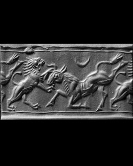 Cylinder seal and modern impression with contest between lion and bull