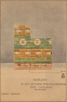 Watercolor painting of a portion of a glazed brick wall showing rosette decorations and bitumen between bricks on the bottom row. The wall is painted with colors of dull orange, green, and white. The background is neutral blue-gray on top, and unpainted y