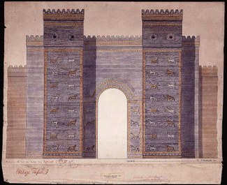 Colored drawing showing a reconstruction of the front of Ishtar Gate. The gate has two large pillars with rows of bulls and dragons in repeating profile against a blue background. Additional features include crenelation at the top. The opening of the gate