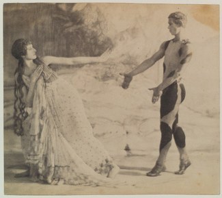 Photograph in a painterly style depicting a woman rejecting the attention of a man wearing an animal print leotard as he walks toward her