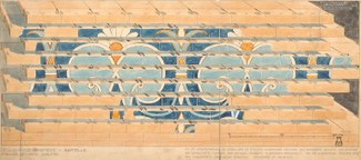 Watercolor diagram showing rows of bricks and the space between the bricks. The face of the bricks shows a reconstructed panel of blue palmettes. Between the bricks black fitters' marks are shown. The fitters' marks are matched on the tops and sides of th