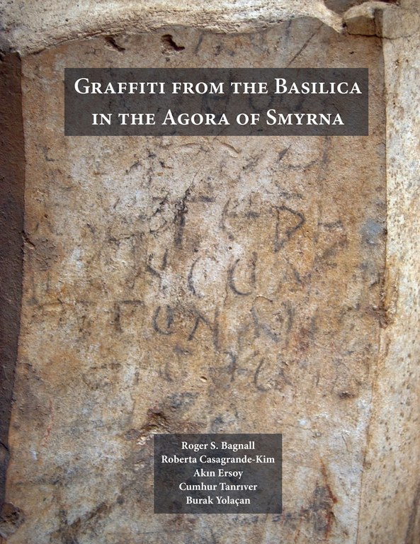 Cover of the book, which displays the titles and names of authors and contributors superimposed on an image of an ancient graffito from the basilica.