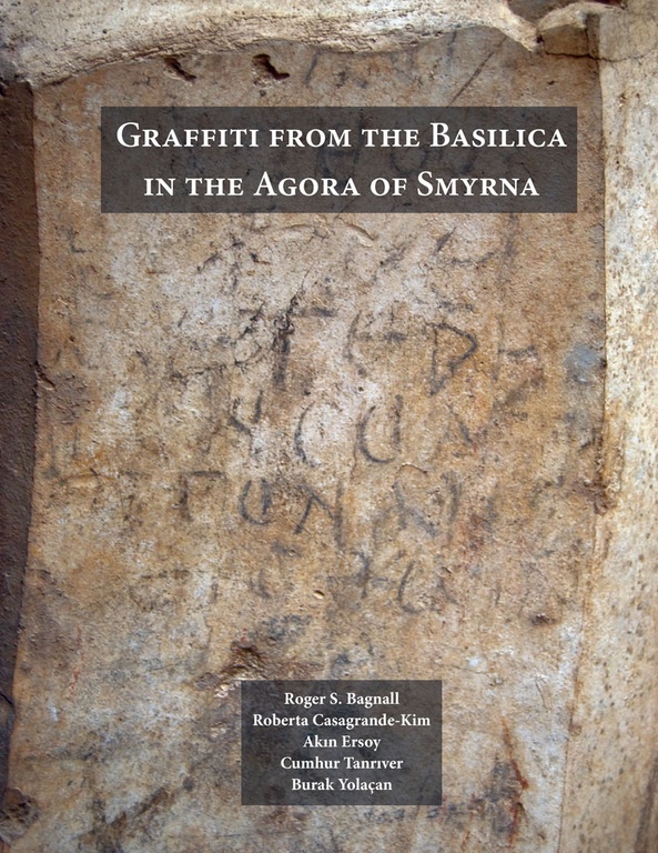 Cover of the book, which displays the titles and names of authors and contributors superimposed on an image of an ancient graffito from the basilica.