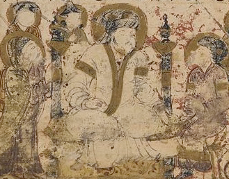 In a damaged illustration, a large figure sits cross-legged, surrounded by smaller figures.