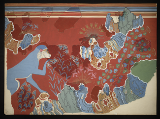 Painted reconstruction in watercolor showing fragments depicting a blue monkey's head, as well as a stylized rocky landscape elements and foliage on a red background.