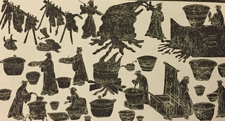 Dark figures on a beige background show robeded individuals working with pots, fires, irregular shapes suspended on racks, and other kinds of fixtures. 