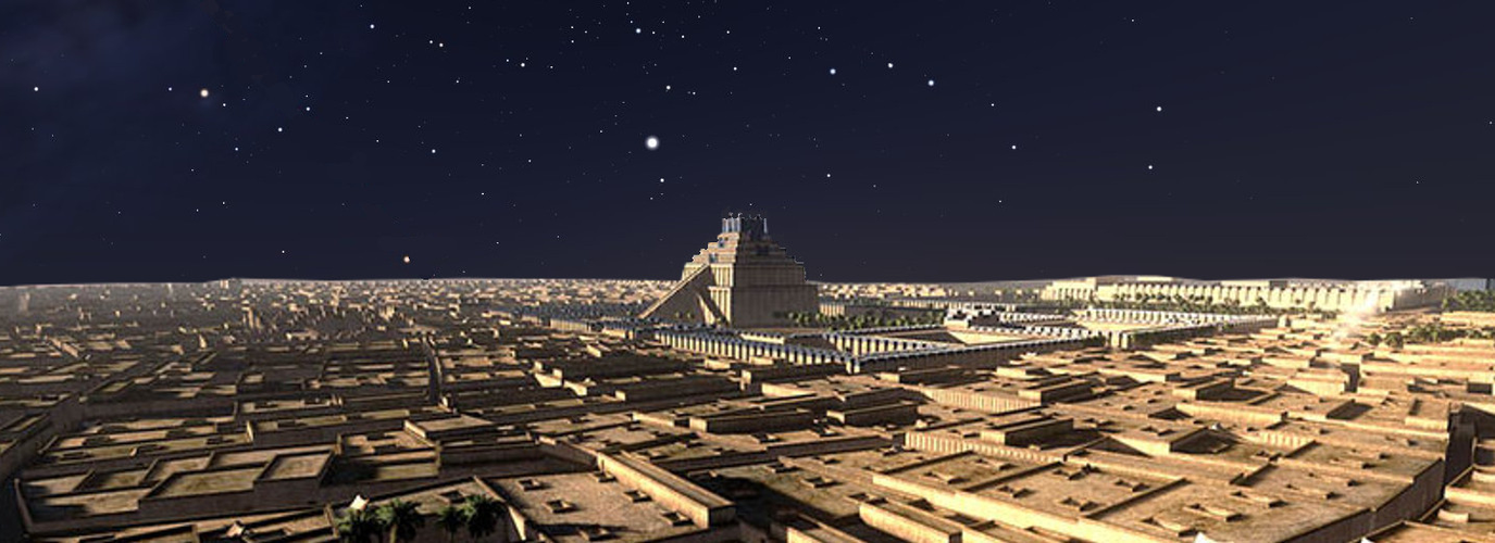 A computer-image reconstruction of an ancient cityscape with a large ziggurat in the center is shown beneath a night sky displaying stars.