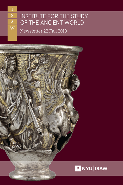 Cover of the newsletter, with a plum-colored background and rose callouts for the title. The ISAW logo features with the title at the top and a photograph of an ornate silver vase featuring humanoid figures and a winged horse dominates the center of the image.