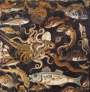 A detailed mosaic that features a variety of sea life, including an octopus, a squid, and a large number of fish of various kinds.
