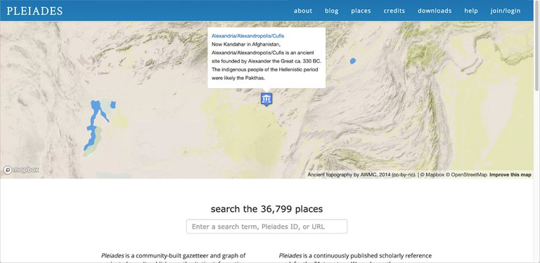 A computer screen capture shows a blue menu bar, a large map with a single blue symbol and a pop-up menu. Below these the text "search the 36,799 places" and a search bar appear.