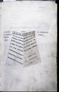 Copy of Cyriacus's drawing of the inscribed base of an ancient sundial on Samothrace, c. 1475, Bodleian MS. lat. misc. d. 85, f. 137r.