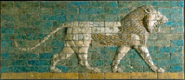 Reconstructed panel of bricks with a striding lion. Neo-Babylonian Period (reign of Nebuchadnezzar II, ca. 604–562 BCE), molded and glazed baked clay, Processional Way, El-Kasr Mound, Babylon (modern Hillah), Iraq. H. 99.7 cm; W. 230.5 cm. The Metropolitan Museum of Art, New York, Fletcher Fund, 1931: 31.13.2. CC0 1.0 Image courtesy of The Metropolitan Museum of Art