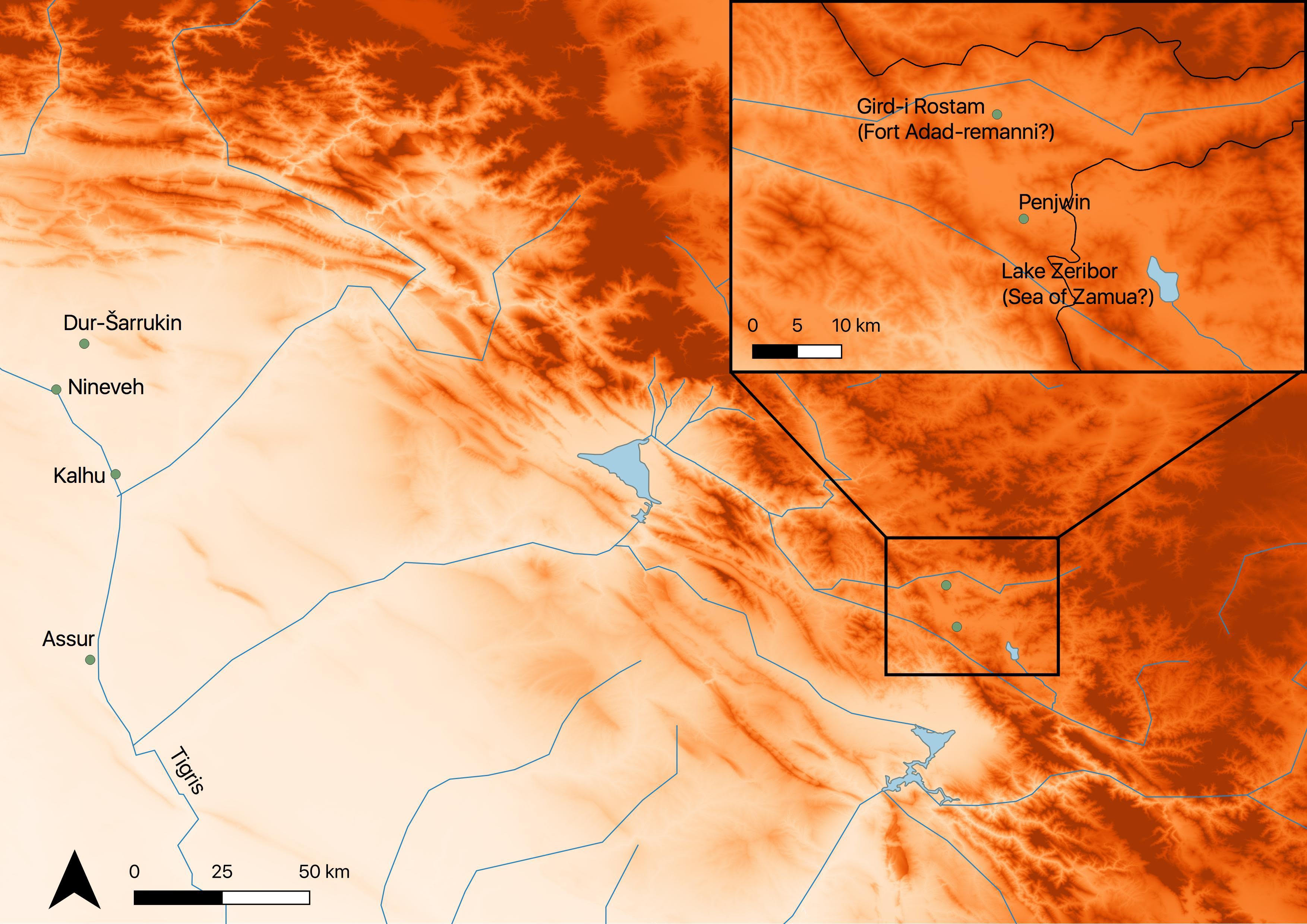 Map showing the location of Gird-i Rostam, Lake Zeribor and the Assyrian capitals 