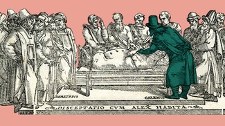 Still from the introductory animated short depicting Galen performing a pig dissection. Based on a detail of the title page from Galeni sexta classis eam chirurgie partem amplectitur, que ad cucurbitulas scarificationes, hirudines, deriuationem, reuulsionem, ac phlebotomiam spectat (Venice, 1550).