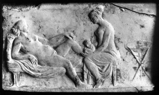 Relief representing a midwife attending a birth. Roman, 2nd century CE. Wellcome Collection.