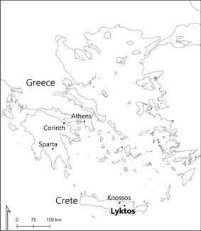 Map of Greece, showing the location of Lyktos on Crete. Created by Christina Stefanou.