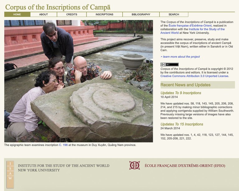 Screen capture of a portion of the Campā Inscriptions home page, showing a photograph of a group of epigraphists studying a stone monument.