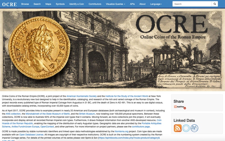 Screen capture of a portion of the OCRE home page, showing a Renaissance engraving of ruins in the Roman forum and a gold coin.