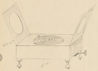 Scan of pencil drawing showing a footed, rectangular cabinet with two covers or overlays hinged up on either side and a circular face on the flat top. 