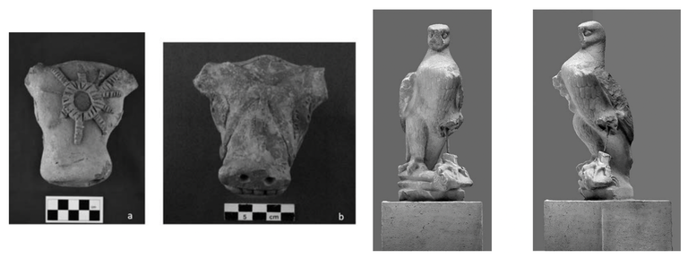 Bovine heads and Marble Eagle Statue on travertine base from Operation E.